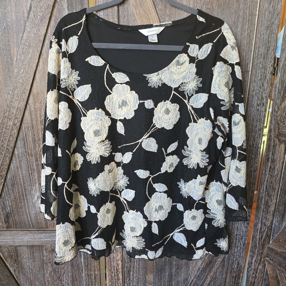 CJ Banks Shirt Women's Size 2X Black Ivory Embroidered Flowers Lace Sheer Sleeve